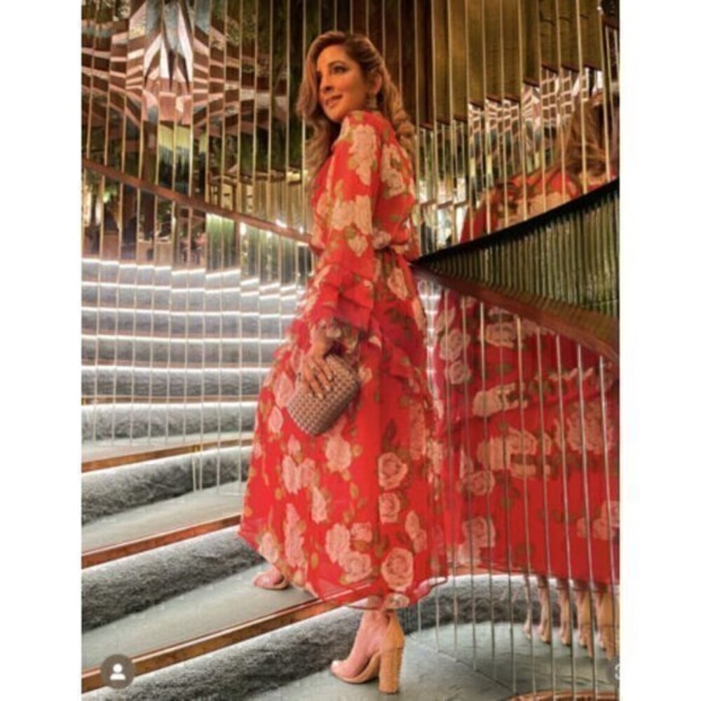 Zara Red Floral Ruffle Maxi Dress Size S